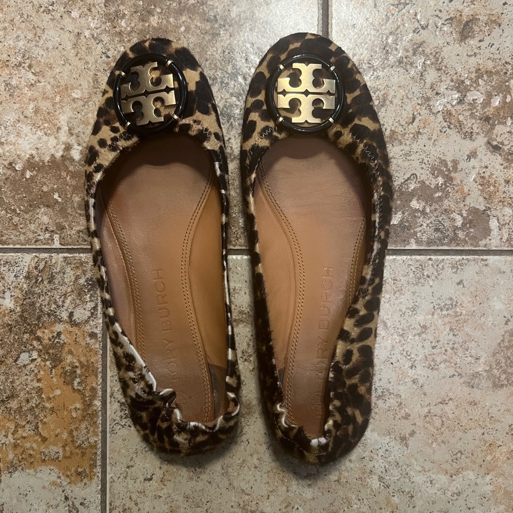 Tory Burch Leopard Print Calf Hair Multi Logo Flats